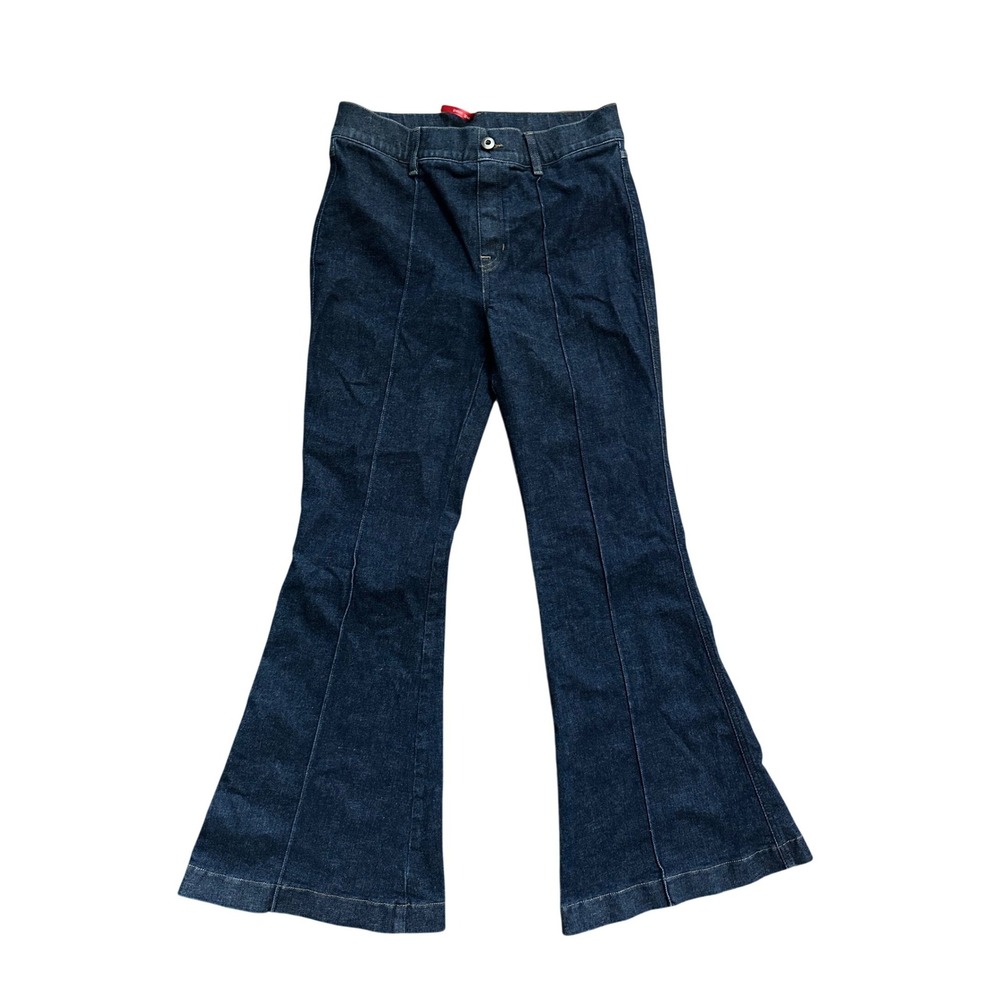 Spanx Womens Dark Wash Pintuck Pull On Flare Jean Size Large